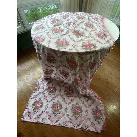 Vintage 70s pleated curtain with pompons, pink roses floral double panels - Picture 6 of 10